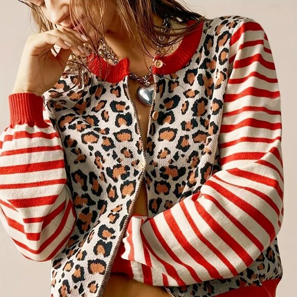 Stylish Leopard and Striped Women's Cardigan - Picture 2 of 4